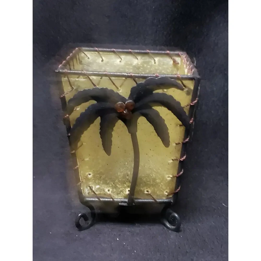 Vintage Palm Tree Stitched Rawhide Decorative Votive Candle Holder
